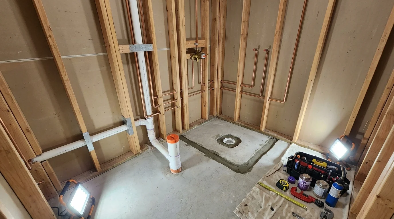 Bathroom rough-in plumbing during remodel by Johns Plumbing LLC in Schofield