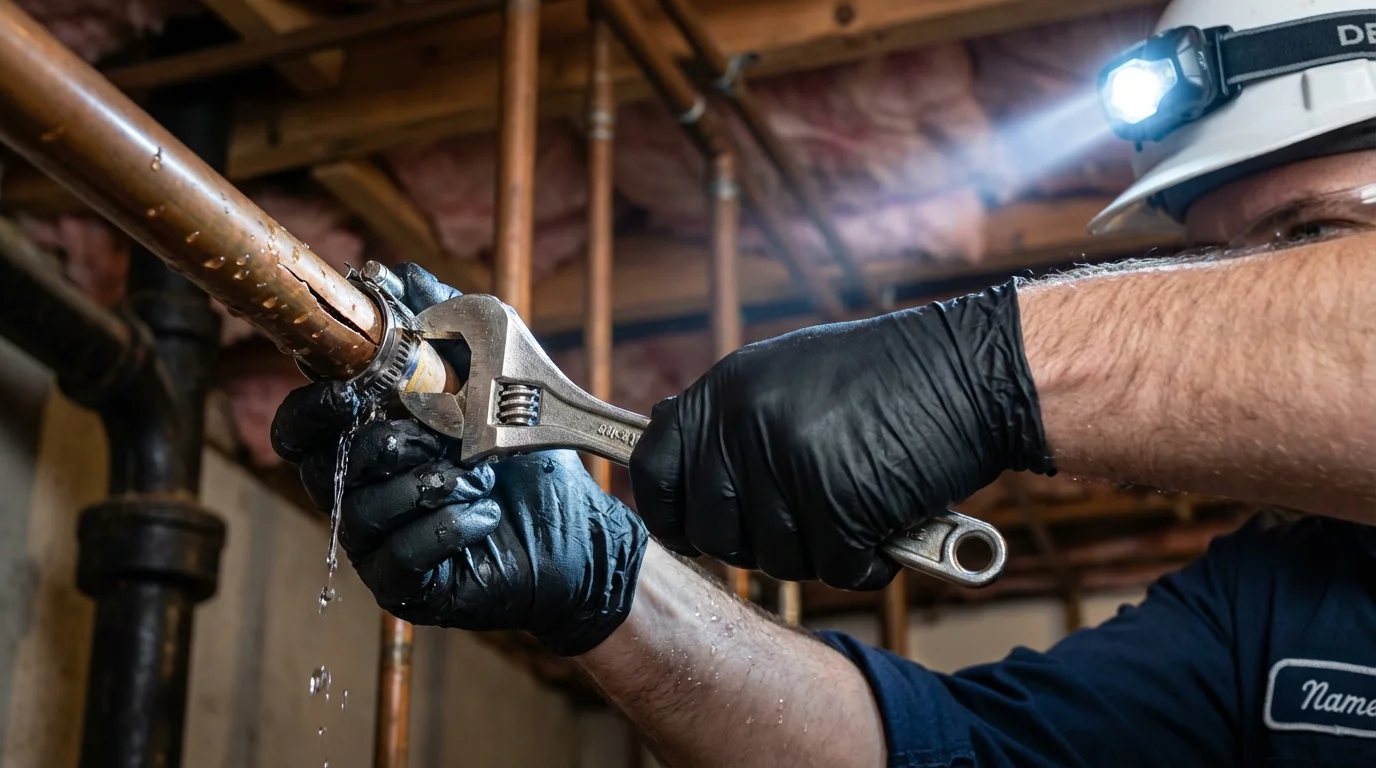 Emergency pipe clamp repair being performed by a Johns Plumbing LLC plumber in Schofield