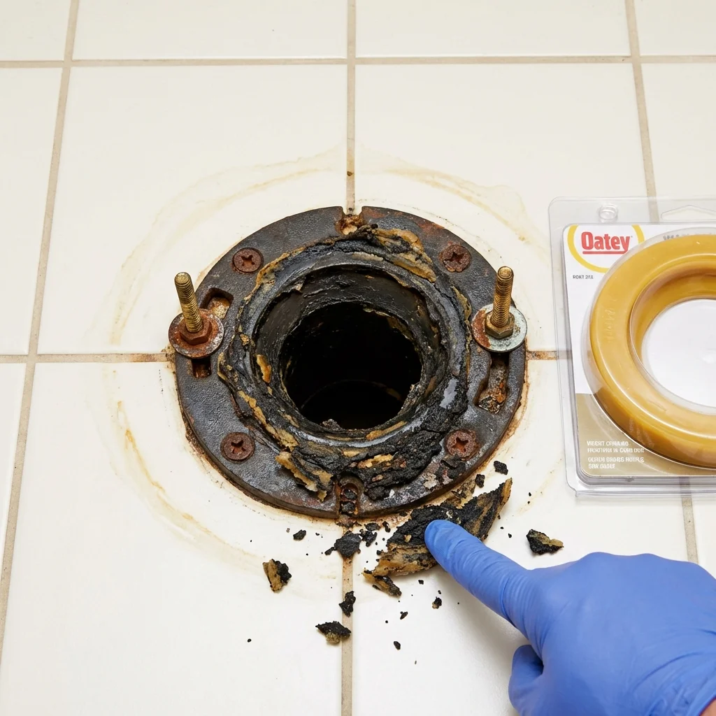 Failed wax ring showing water seepage at the base of a toilet in a Schofield, WI home
