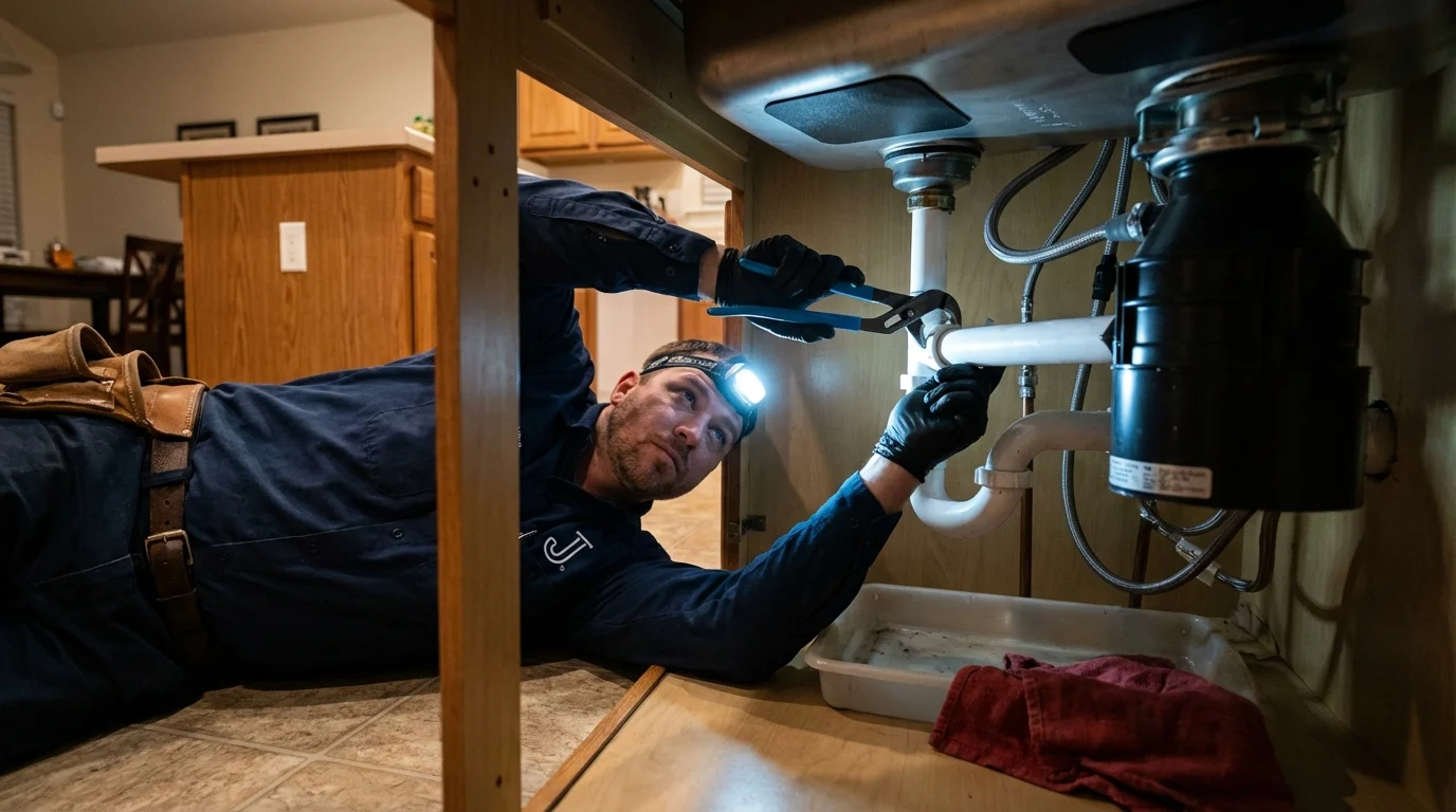 P-trap and supply line connections under a kitchen sink showing a common leak point in Schofield, WI